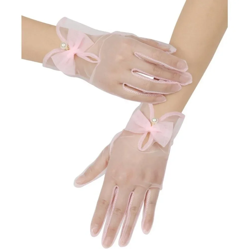 Women's Light Pink Bow Tulle Pearls Mesh Tea Short Gloves Party Prom Accessories